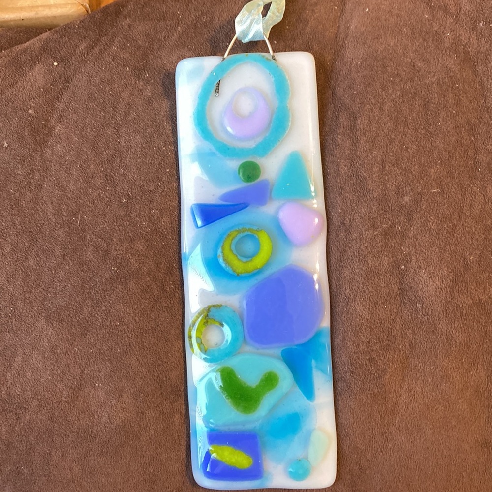 Handmade Fused Art Glass  Hanging Plaque 8”x2.5” Mermaids light”Design